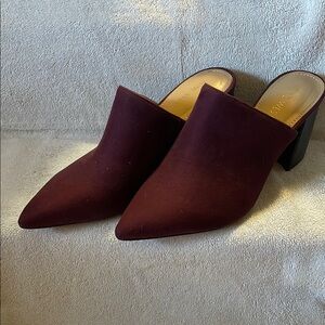 Suede Mules, Burgundy with Chunky Heel